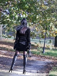 Miss Hybrid Pussy In Wet Leather Boots Catwalk Outdoors